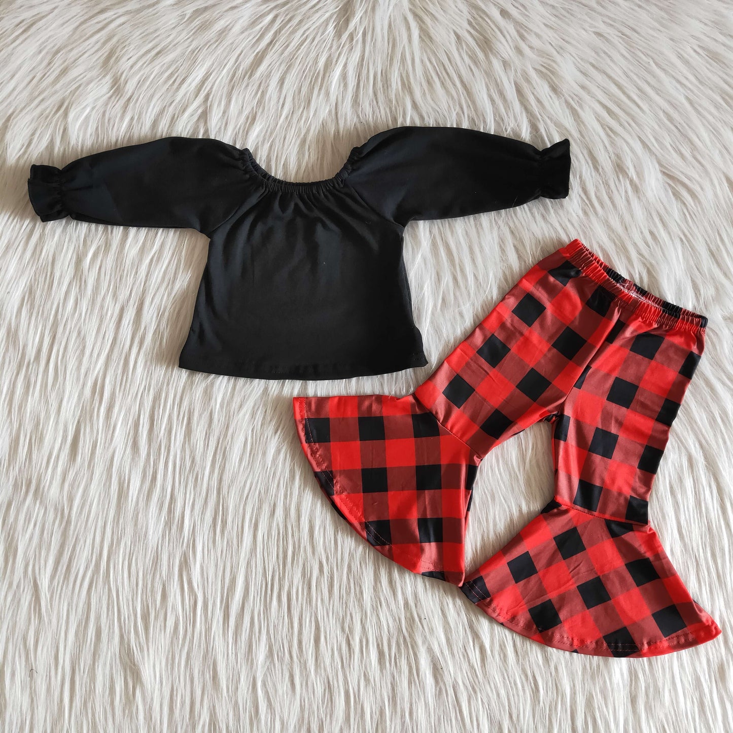 Infant girls black cotton top plaid pants 2pcs Christmas outfits