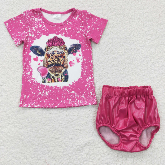 highland cow valentines day top hot pink p-leather bummies set