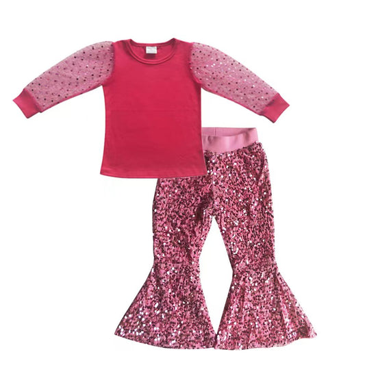 hot pink top sequins bell bottoms 2pcs outfit