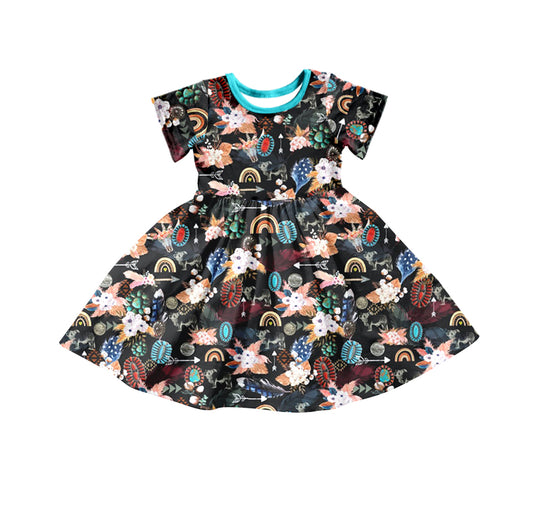 Pre-order  girls short sleeve turquoise print  dress, GSD0192, Nov 15th