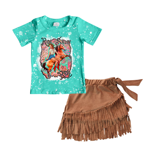 girls  short sleeve top brown tassel skirt 2pcs set