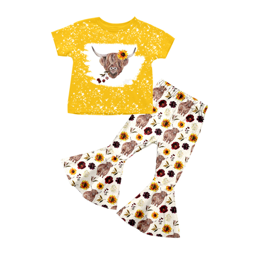 preorder girls short sleeve highland cow sunflower outfit