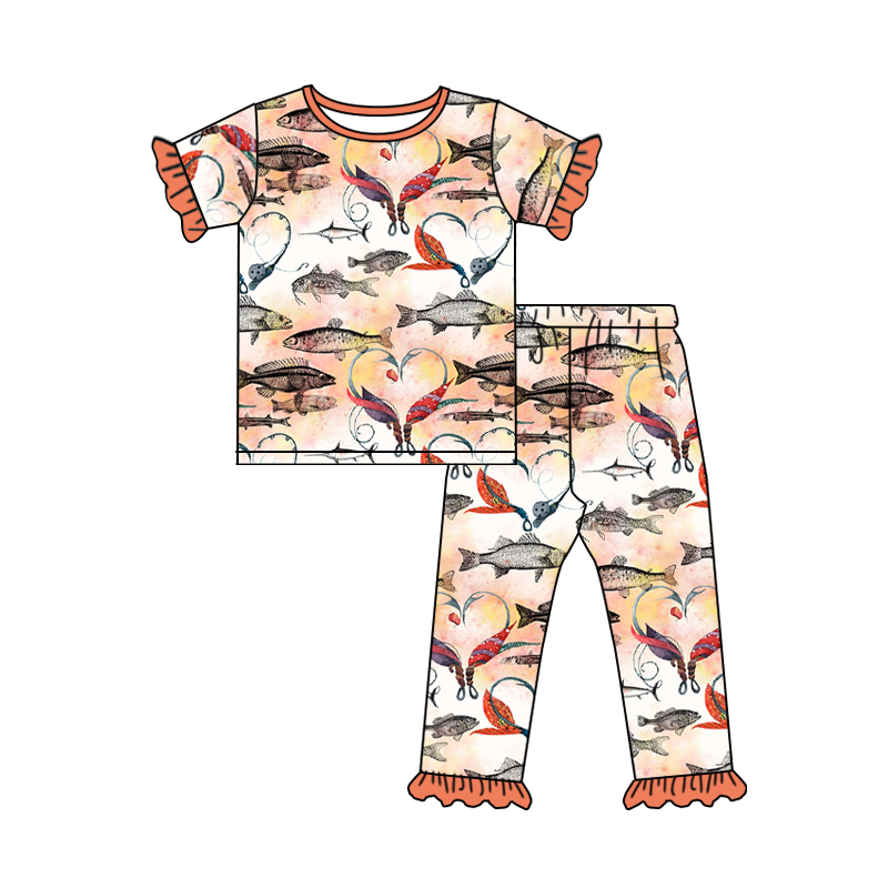 Pre order Baby girls short sleeve fishing design pajama set,Oct 20th