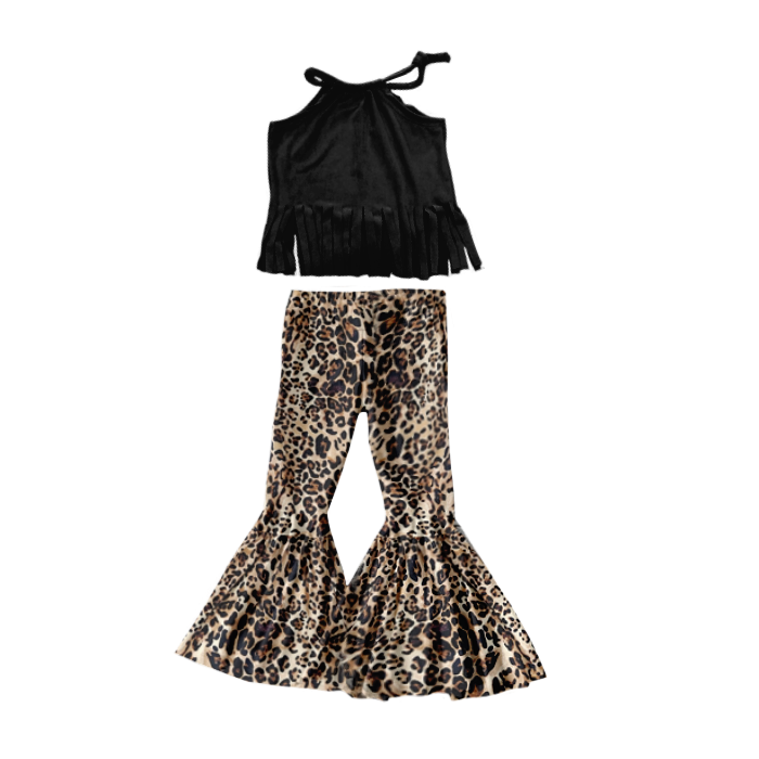 Pre-order girls black tassel  top cow print bell pants set,  GSPO0302, Nov 3rd.