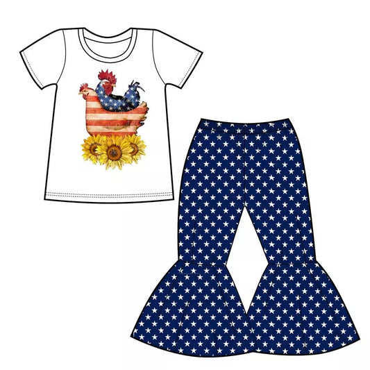 Pre-order girls July 4th Chicken print bell pants outfit,  GSPO0369, Nov 21st.