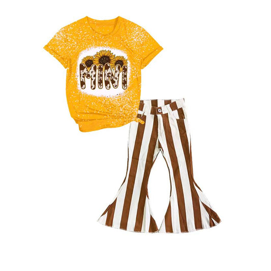 Preorder baby girls short sleeve mini top brown stripes denim pants set,GSPO0418,Dec 4th