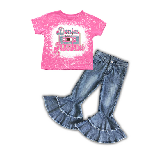 preorder baby girls short sleeve pink bleach top denim pants set,GSPO0452, DEC 20TH