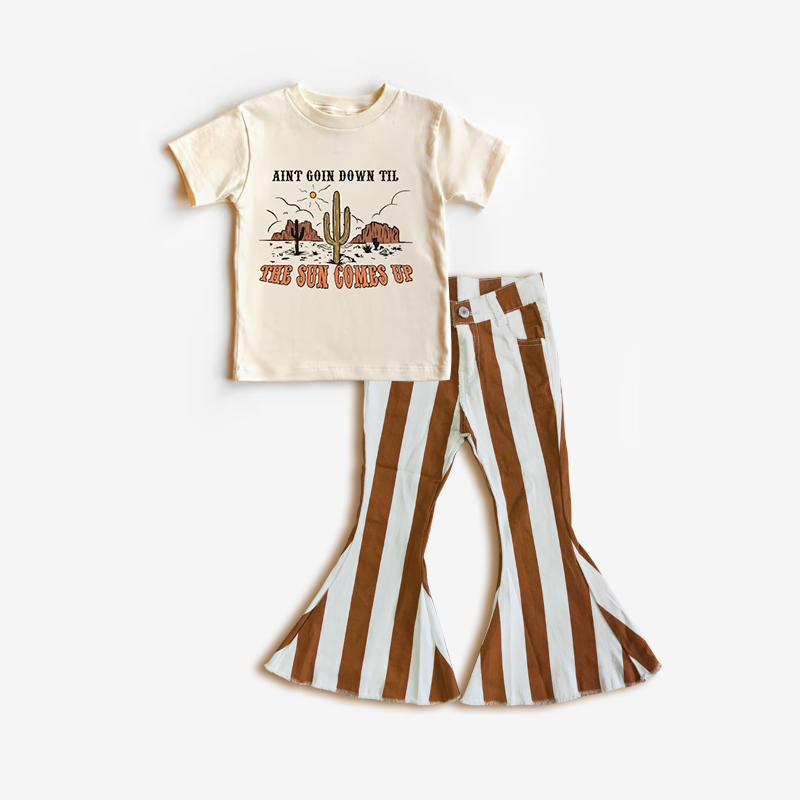 western short sleeve top brown stripes denim pants set