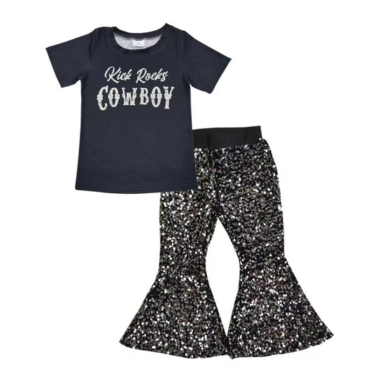 cowboy top black sequins bell bottoms 2pcs outfit