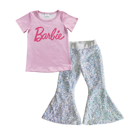 girls boutique pink doll top white sparking bell bottoms outfit