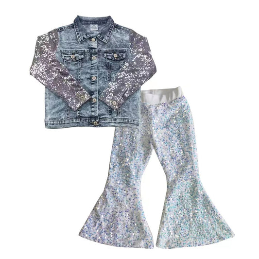 long sleeve sequins denim jacket white bell bottoms outfit