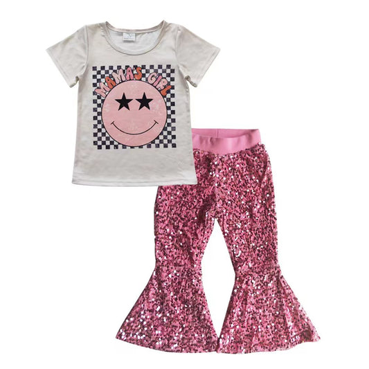 smile girls top pink sequins bell bottoms outfit