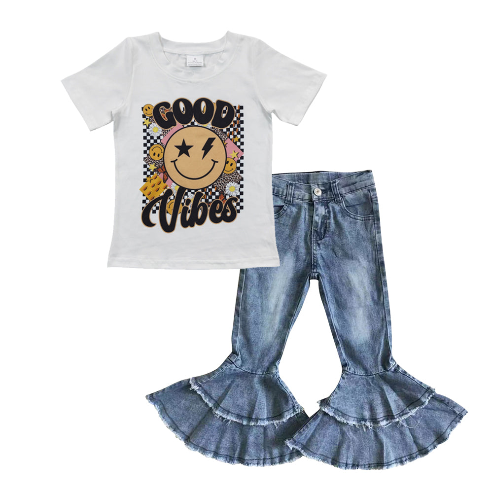 Girls short sleeve top ruffle denim pants 2pcs outfit