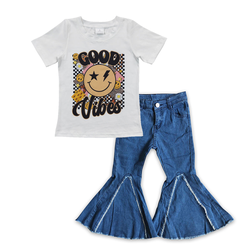 Girls short sleeve top denim pants clothing set