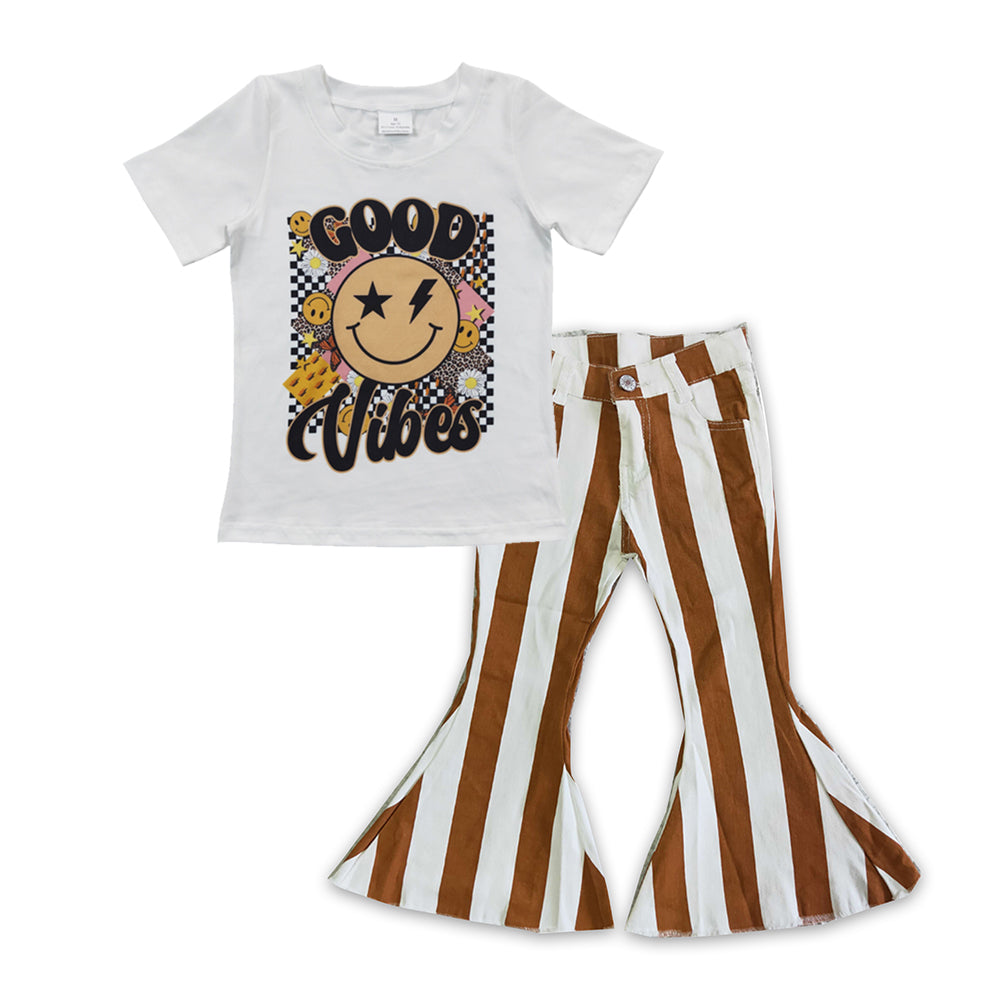 Girls sunshine short sleeve top stripes denim pants clothing set