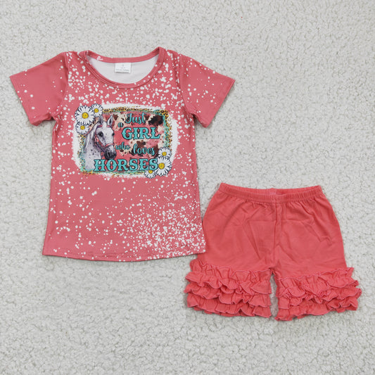 Pre order Just a girl who loves horse top coral shorts 2pcs summer outfit, GSSO0185