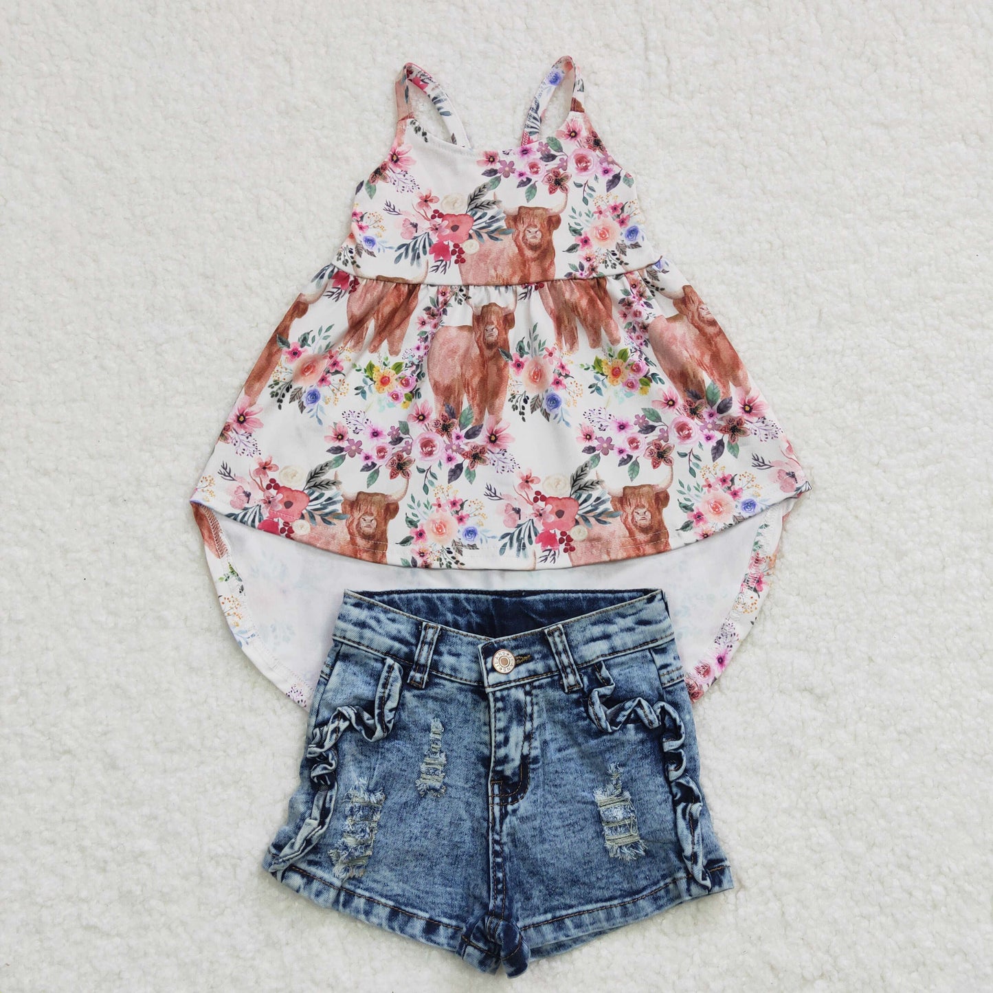highland cow high to low top denim shorts 2pcs summer outfit