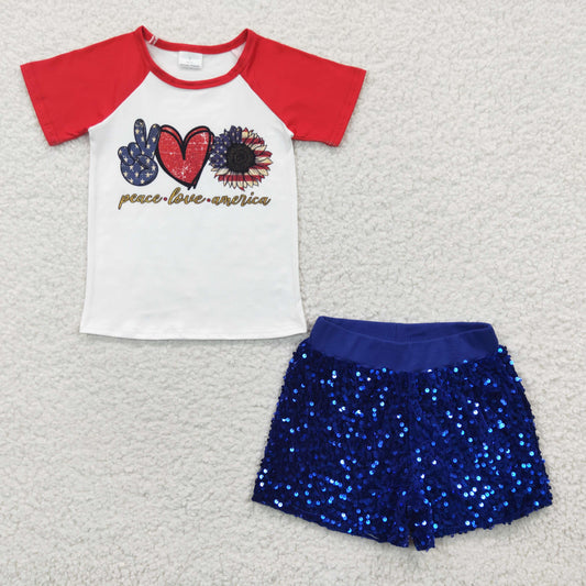 Peace love America blue sequins shorts 2pcs July 4th outfit