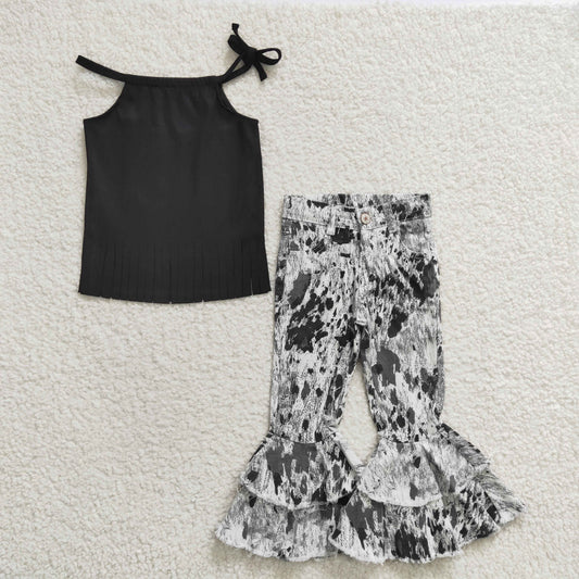 girls black cotton top denim pants 2pcs outfit