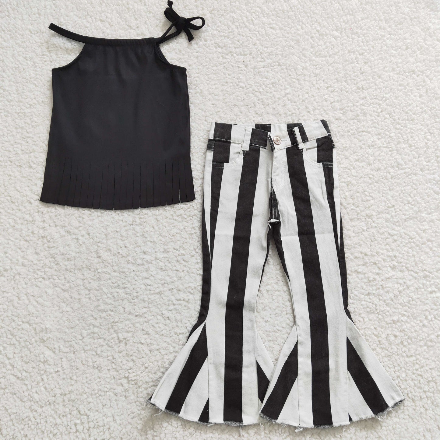 girls  cotton top black stripe denim pants 2pcs outfit