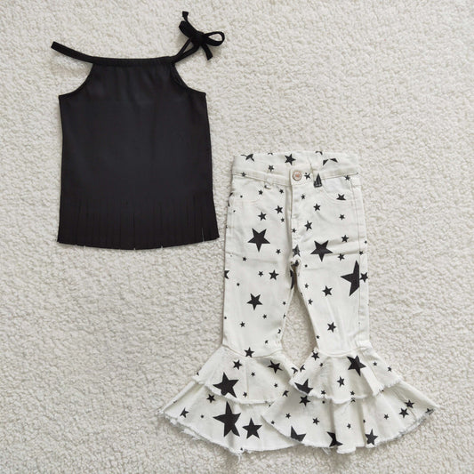 girls  cotton top black star print denim pants 2pcs outfit
