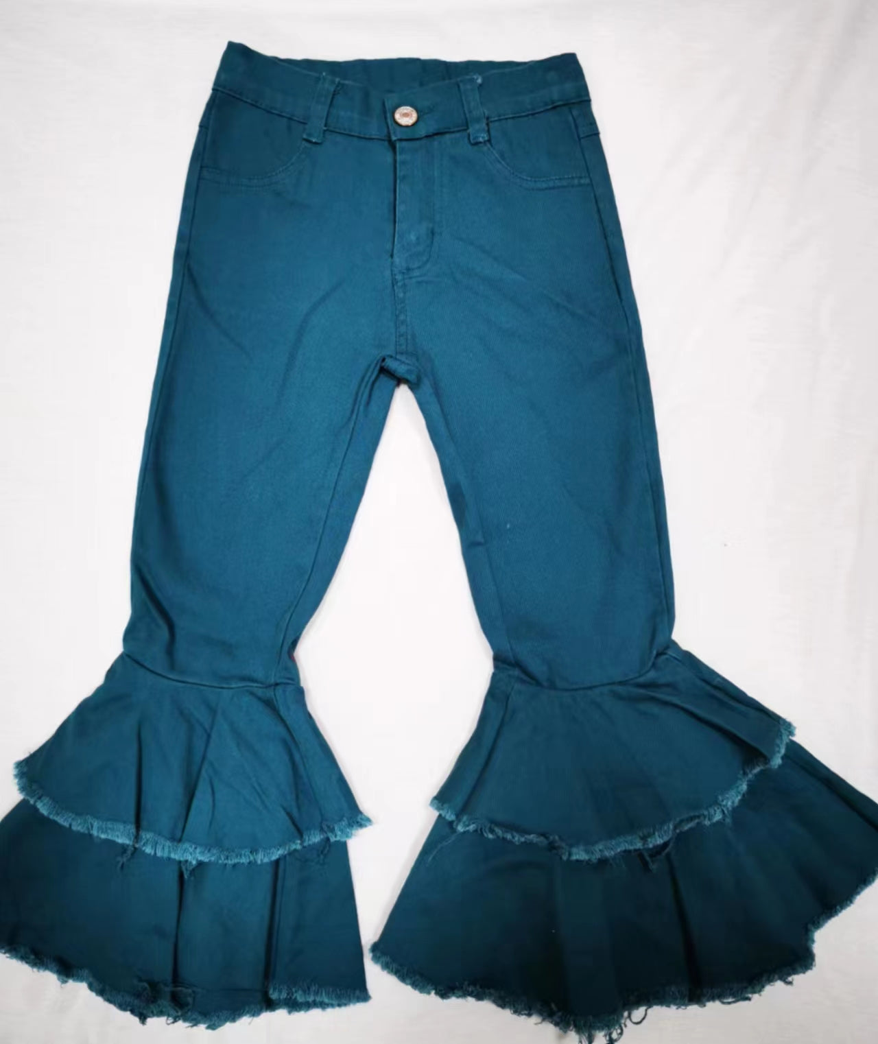 preorder baby girls double ruffle blue denim pants P0067