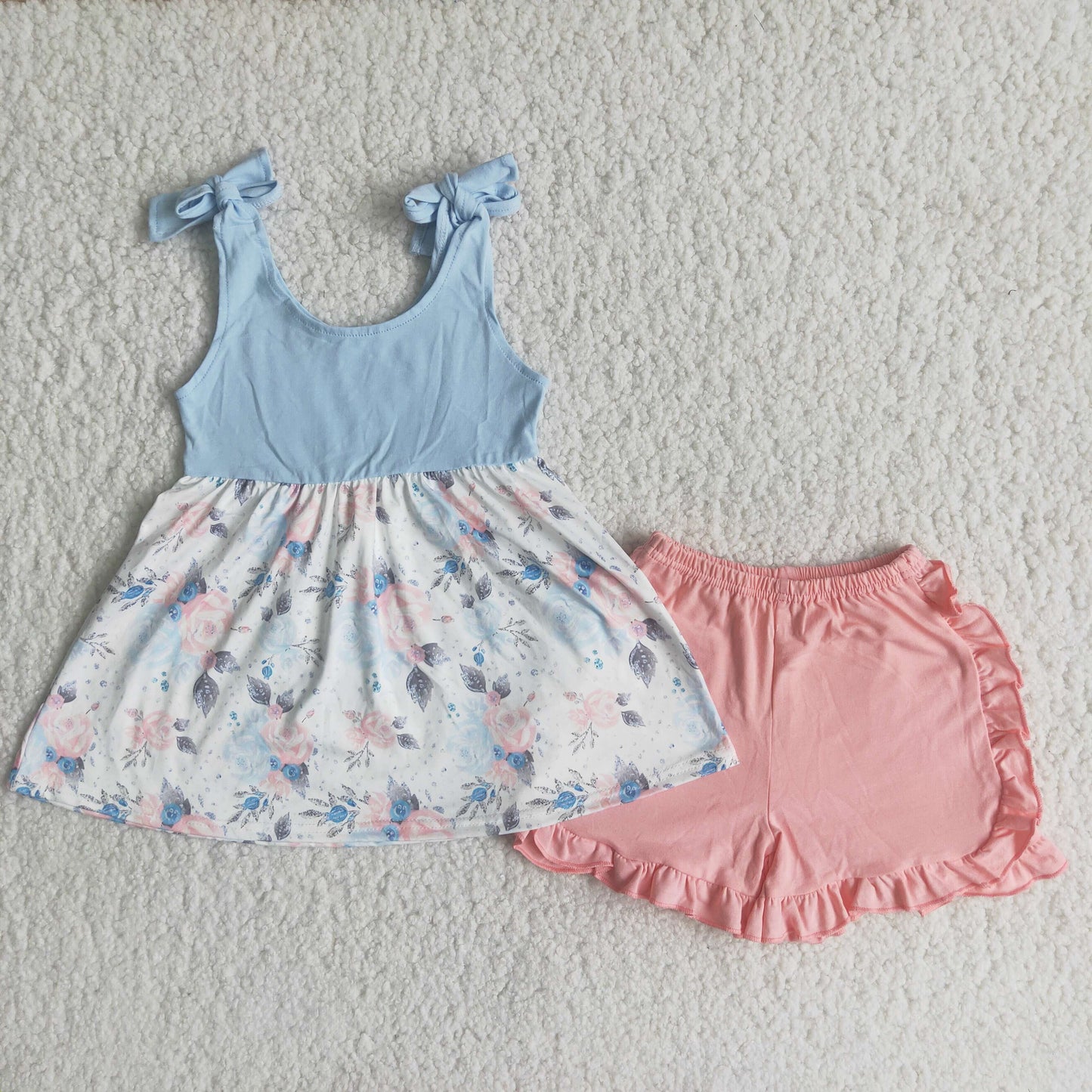 Girls blue floral strapes top ruffle shorts outfit
