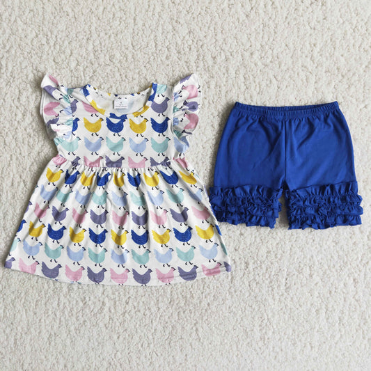 Girls chicken top dark blue ruffle shorts outfit