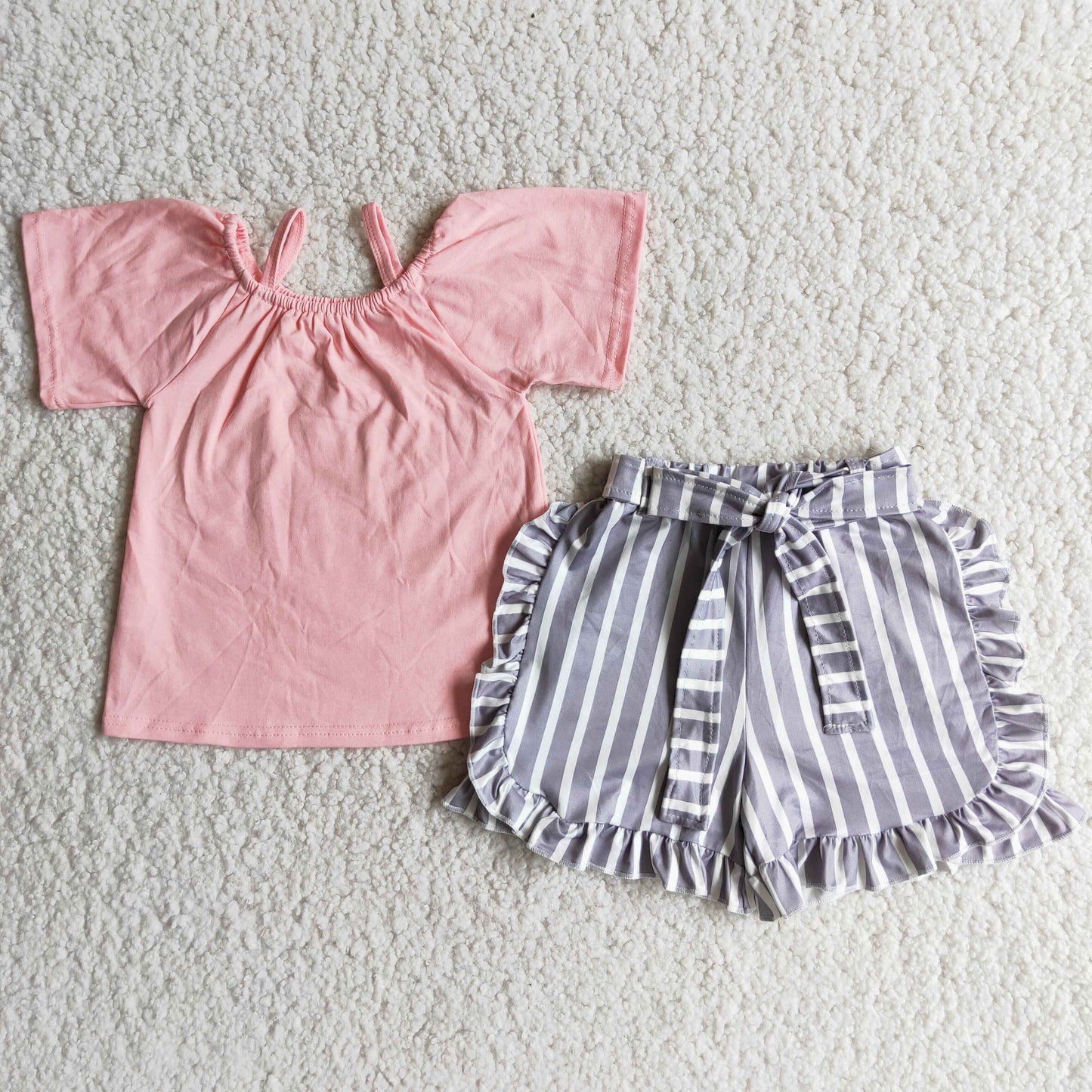 Girls pink strapes top matching shorts summer outfit