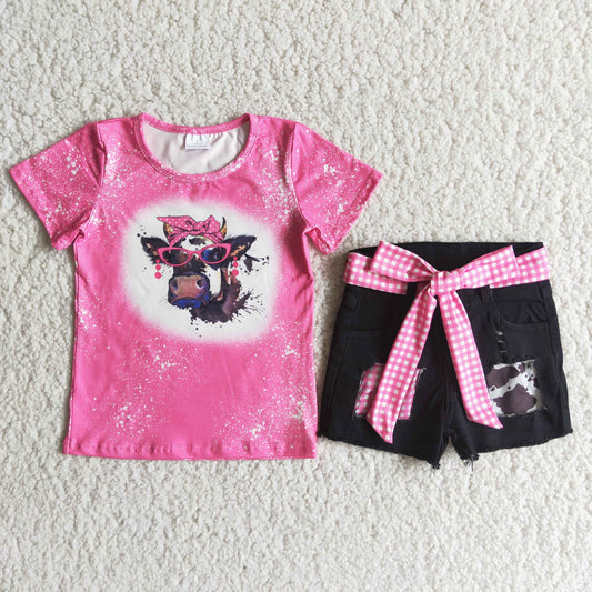 girls pink short sleeve heifer print top denim shorts outfit