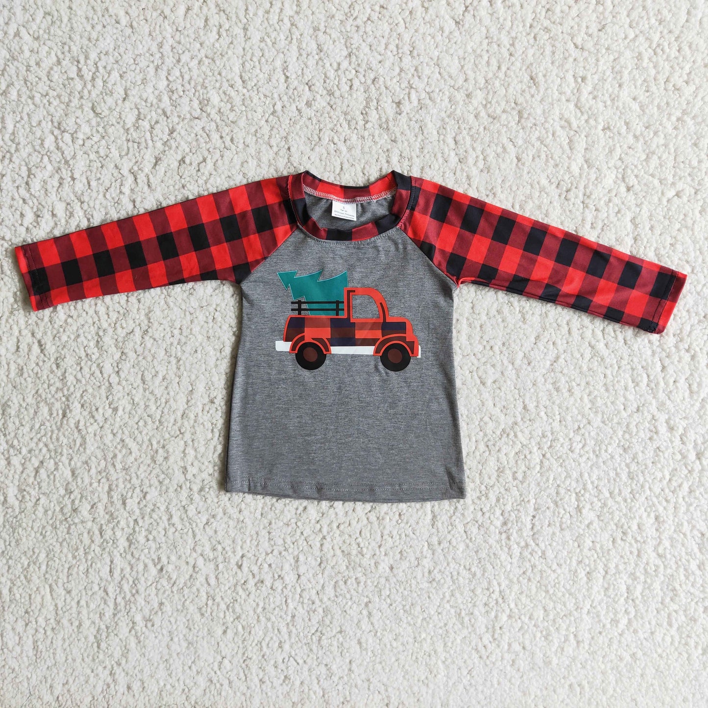 Boys Christmas truck plaid sleeve t-shirt