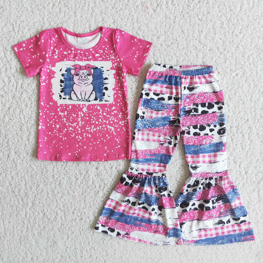 Baby girls pig print 2pcs bell bottom pants sets