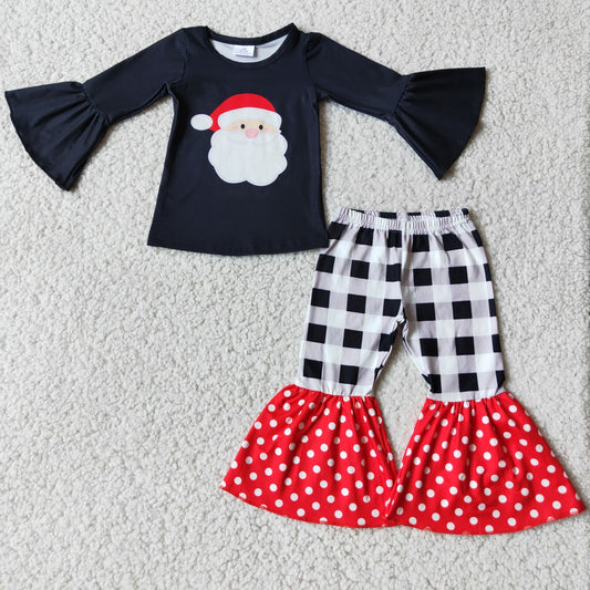 Children girls long sleeve Santa top plaid bell bottom pants 2pcs Christmas clothing set