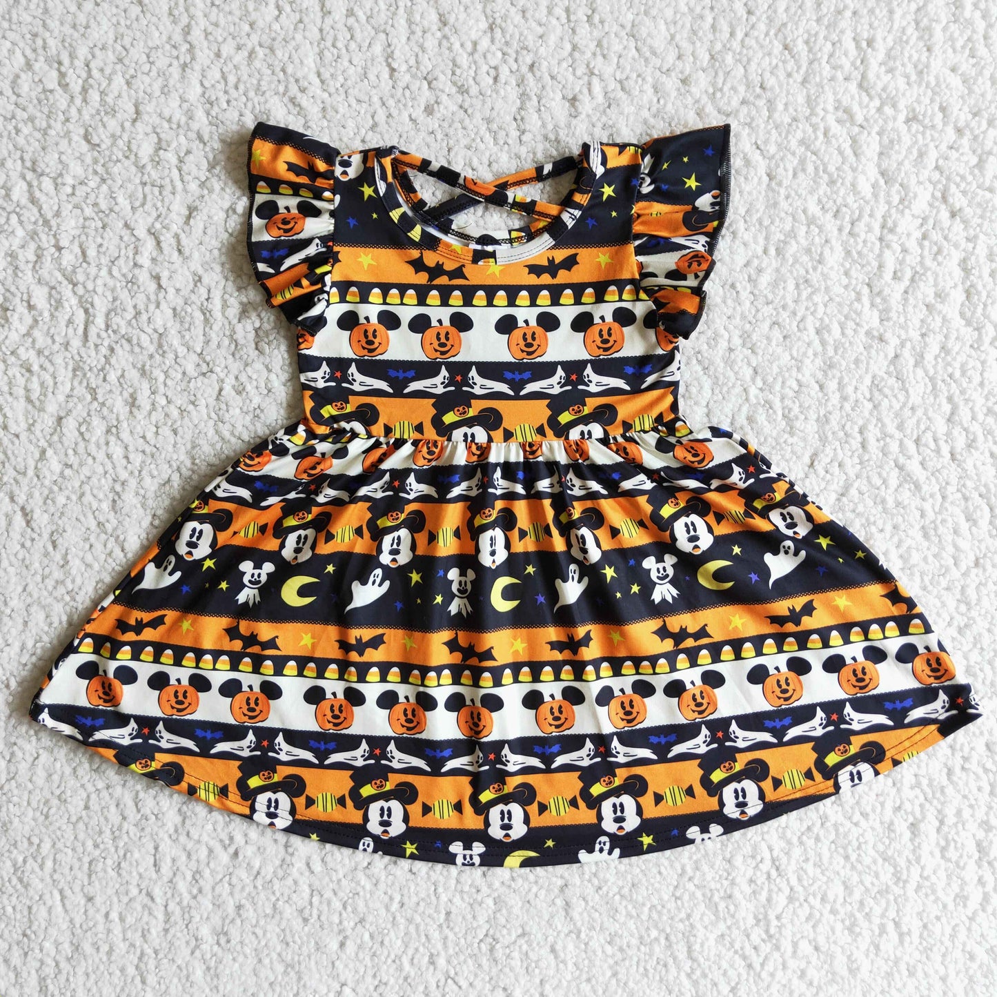 Infant baby girls flutter sleeve pumpkin print cartoon dress