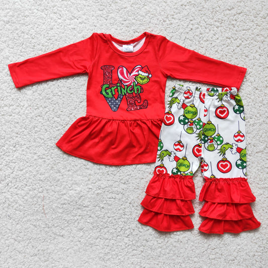 Infant toddle girls long sleeve top ruffle bell bottom pants Christmas outfit