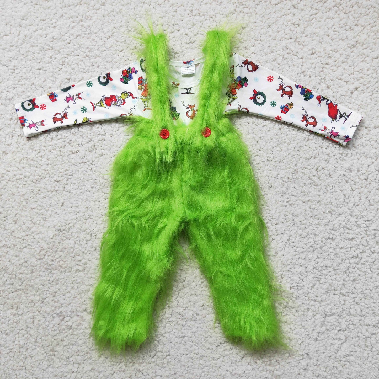 Baby Boy long sleeve green face top faux fur  fuzzy Christmas outfits