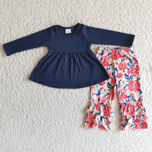 Baby girls long sleeve navy tunic top floral pants outfit