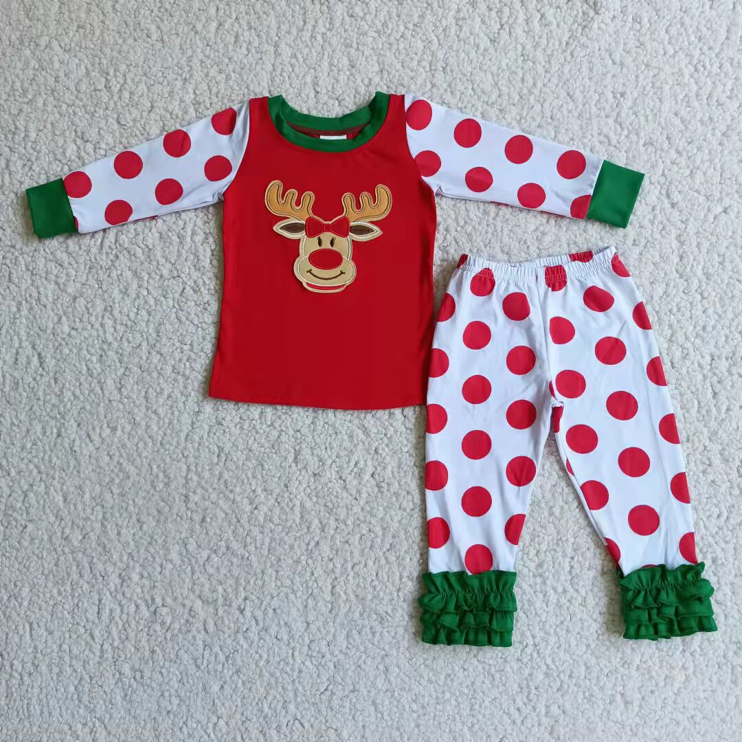 Baby girls embroidery reindeer design winter pajama set