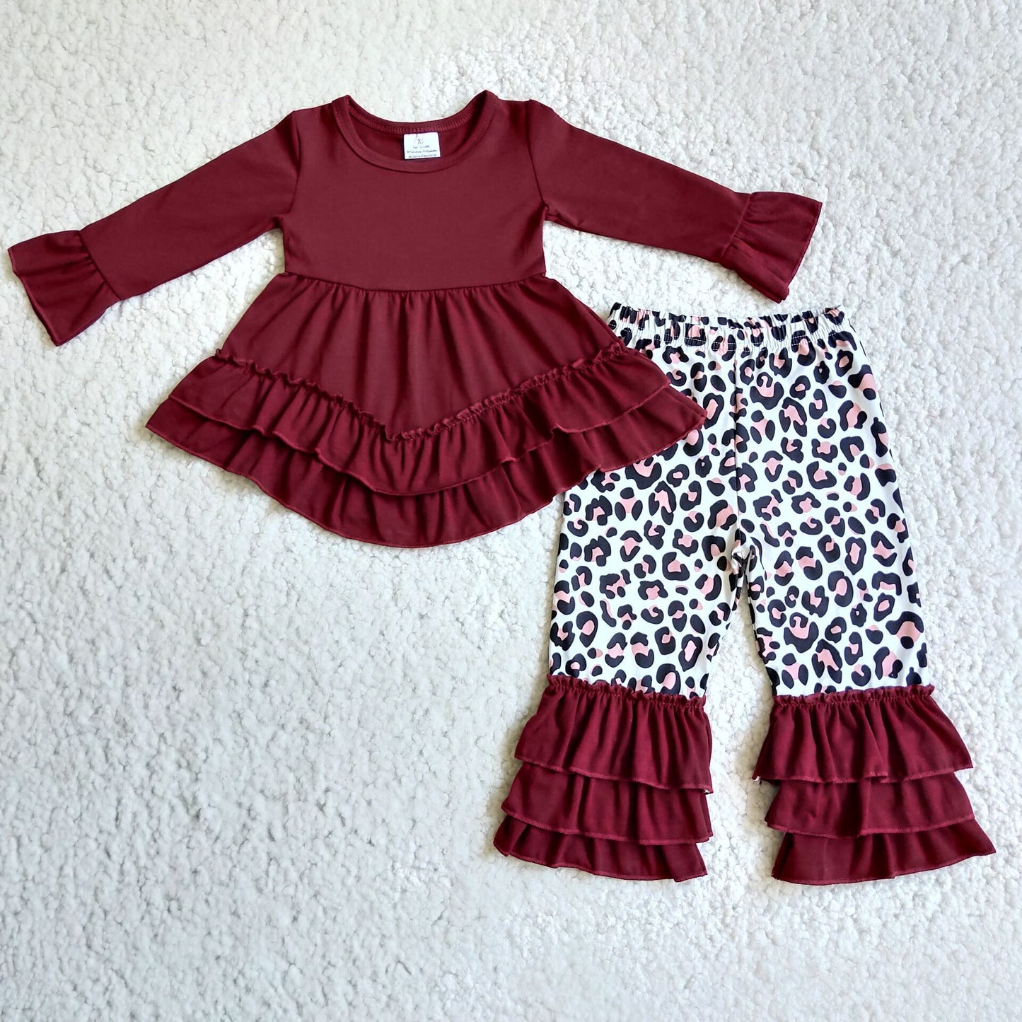 baby girls solid maroon cotton tunic top leopard pants 2pc outfit