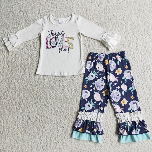 Baby girls Jesus love me top floral pants outfit