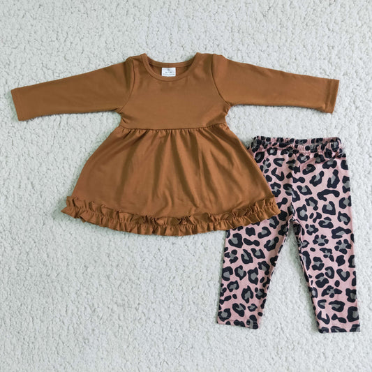 Baby girls brown tunic top leopard leggings pants 2pcs outfit