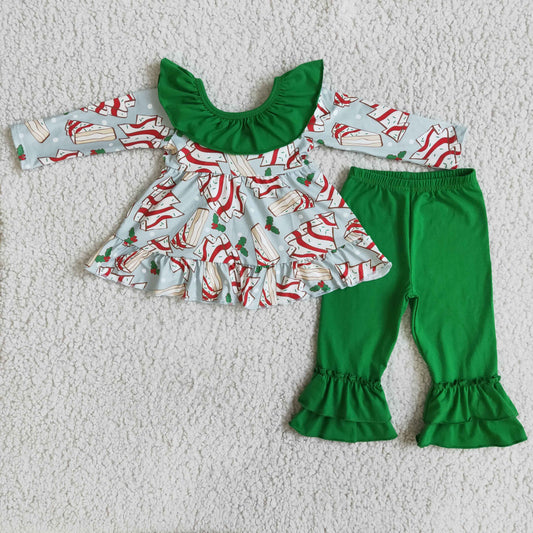 Baby girls big bow tunic top matching pants green Christmas outfit