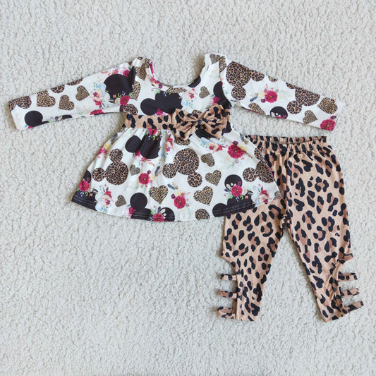 Baby girls cartoon tunic top leopard cross pants 2pcs outfit