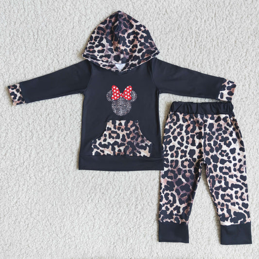 girls cartoon leopard print hoodie set