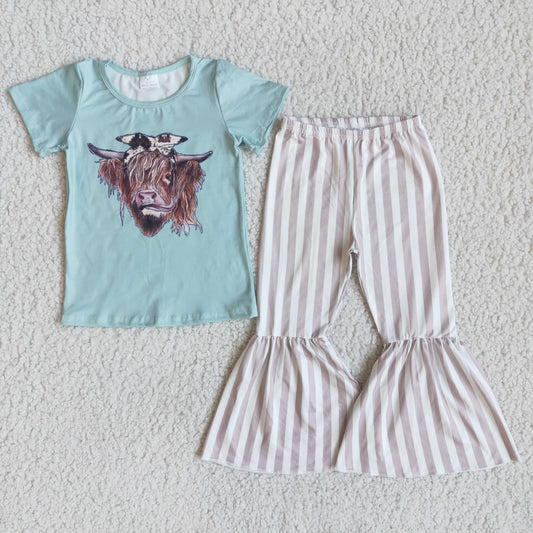 baby girls Highland cows top striped pants outfit