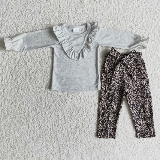 Girls long sleeve grey top ruffle leopard pants 2pcs outfit