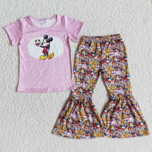 Pink cartoon bleach top bell pants set