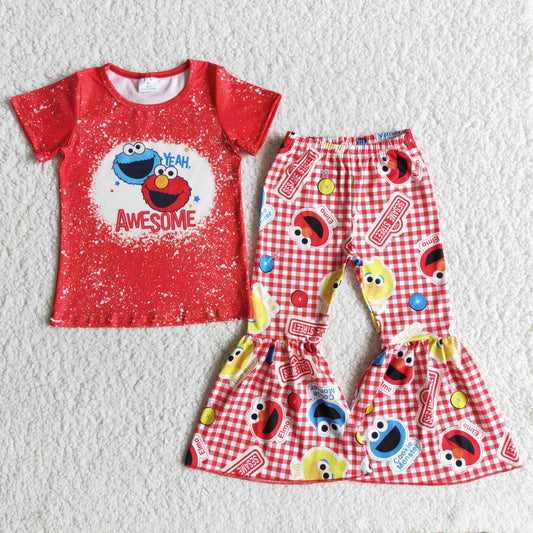 girls red bleach top bell bottom pants cartoon outfit