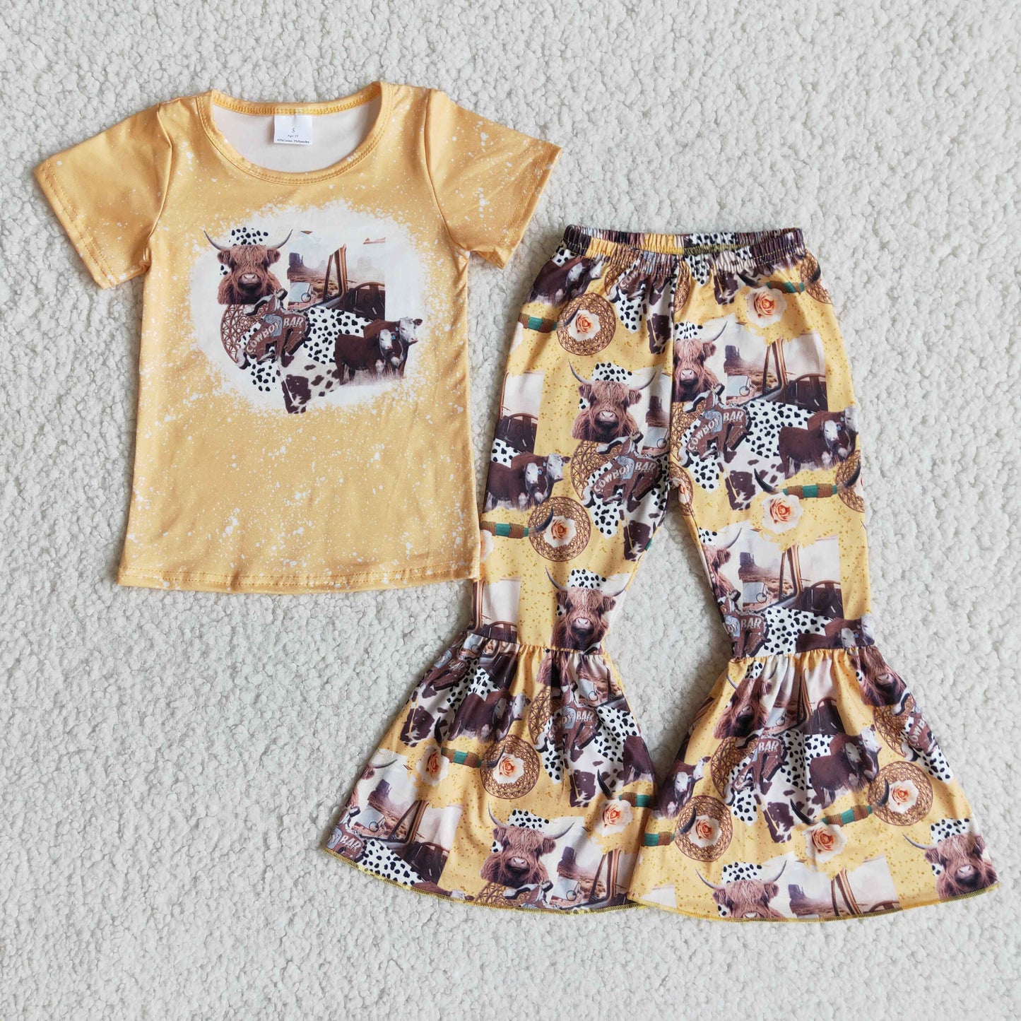 baby girls yellow bleach Highland cows top bell bottom pants outfit