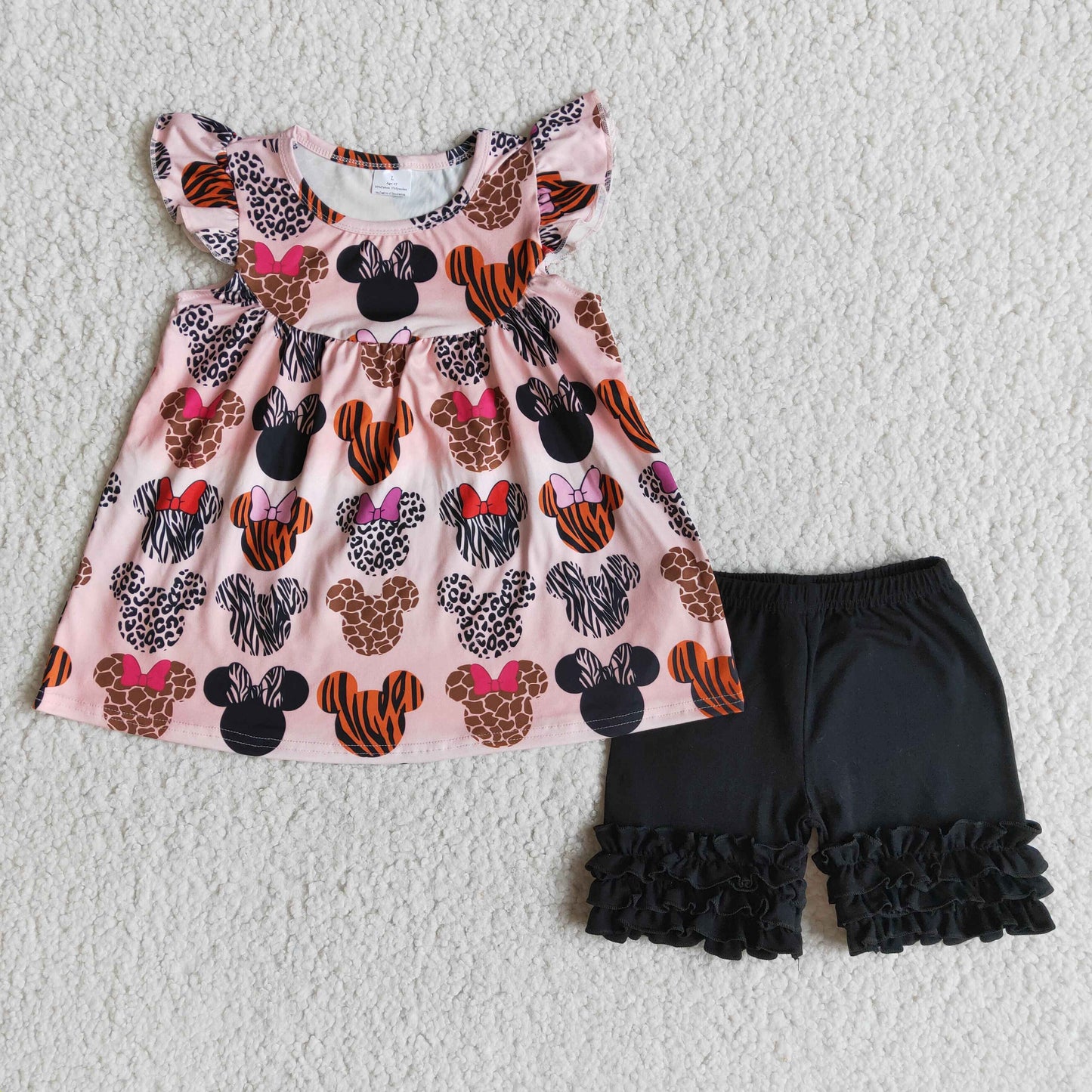 baby girls cartoon top black ruffle shorts 2pcs summer outfit
